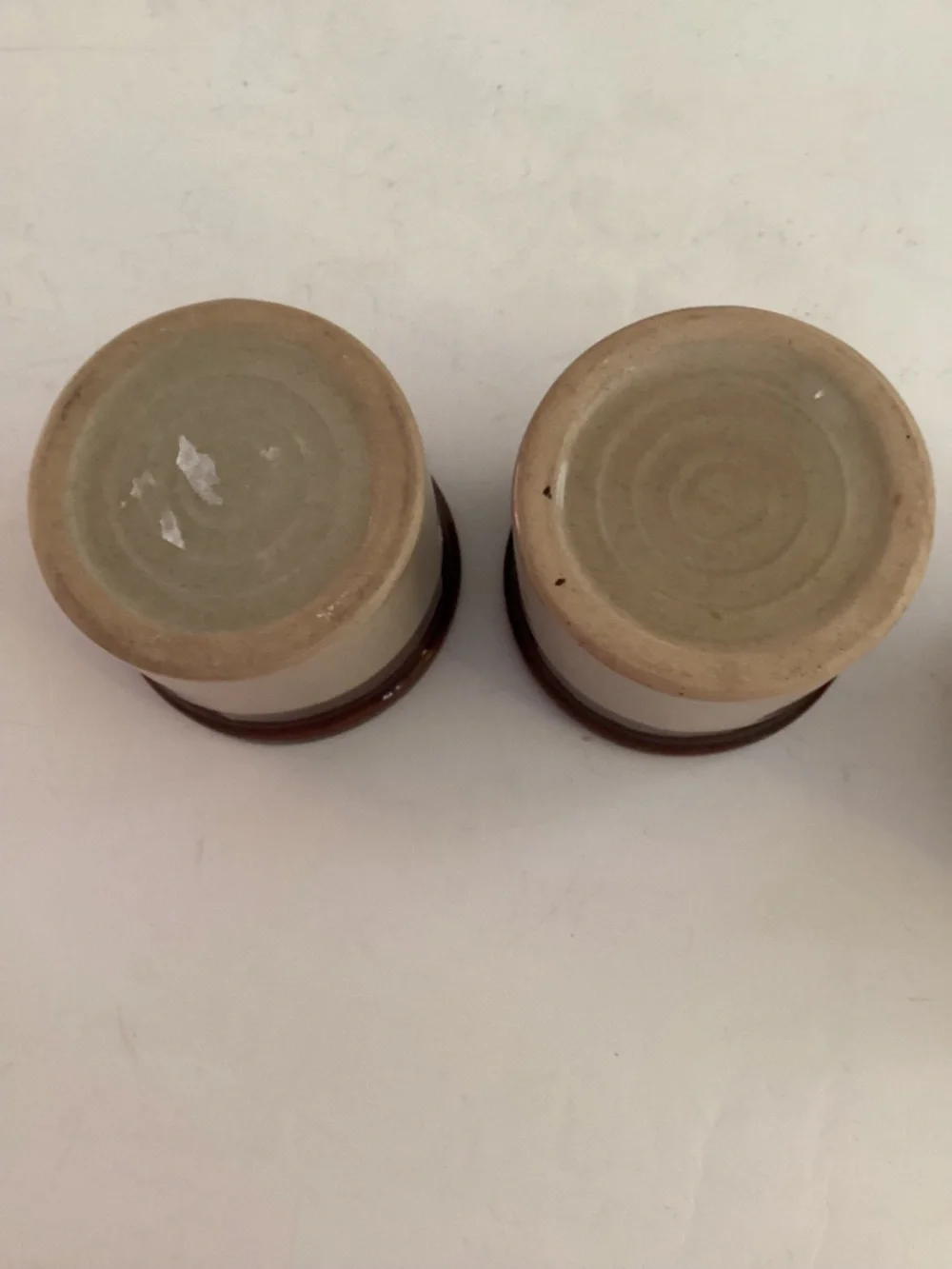 Set of 3 mini crocks.  Roseville Pottery and Brown ware
